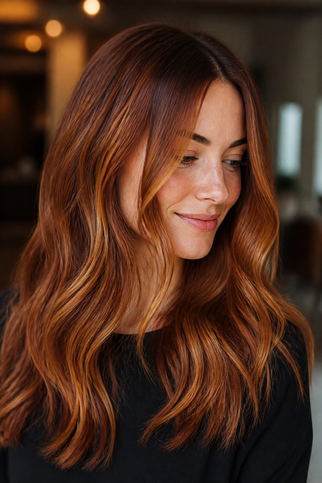 Close-up portrait showing cinnamon root melt hair color on a real person