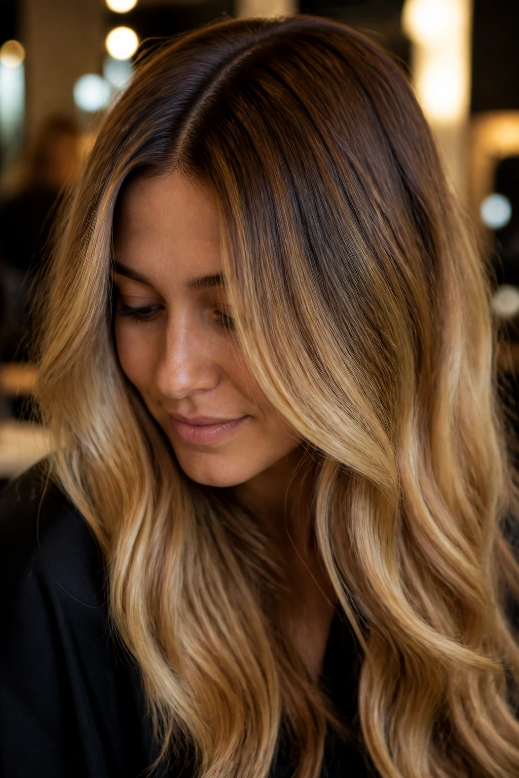 Close-up of cinnamon-root melt blending into gold-blonde hair
