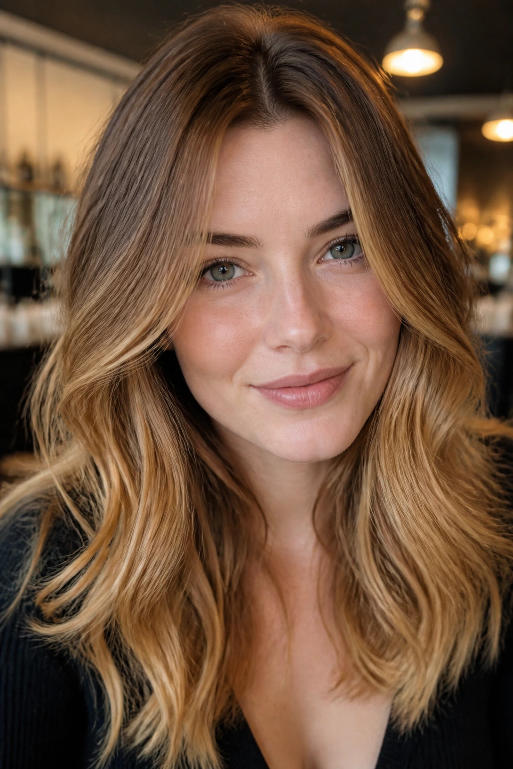 Close-up portrait of a real woman with cinnamon root shadow at crown and golden ends, heart-shaped face in warm salon light