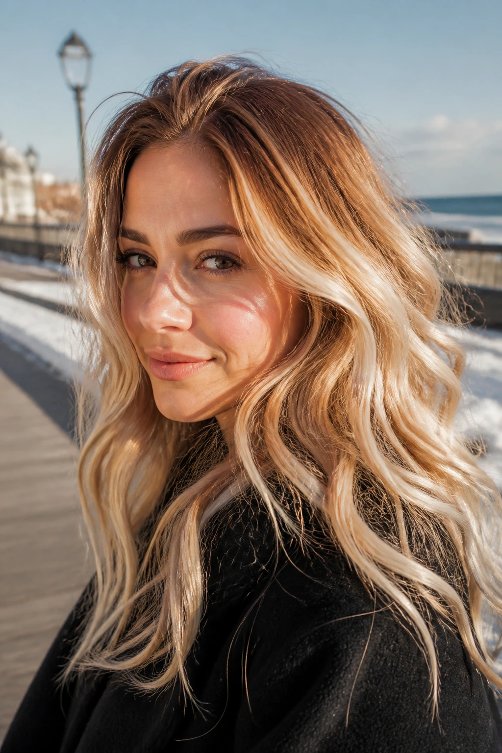 Real woman with cinnamon-rooted beach waves in winter sun