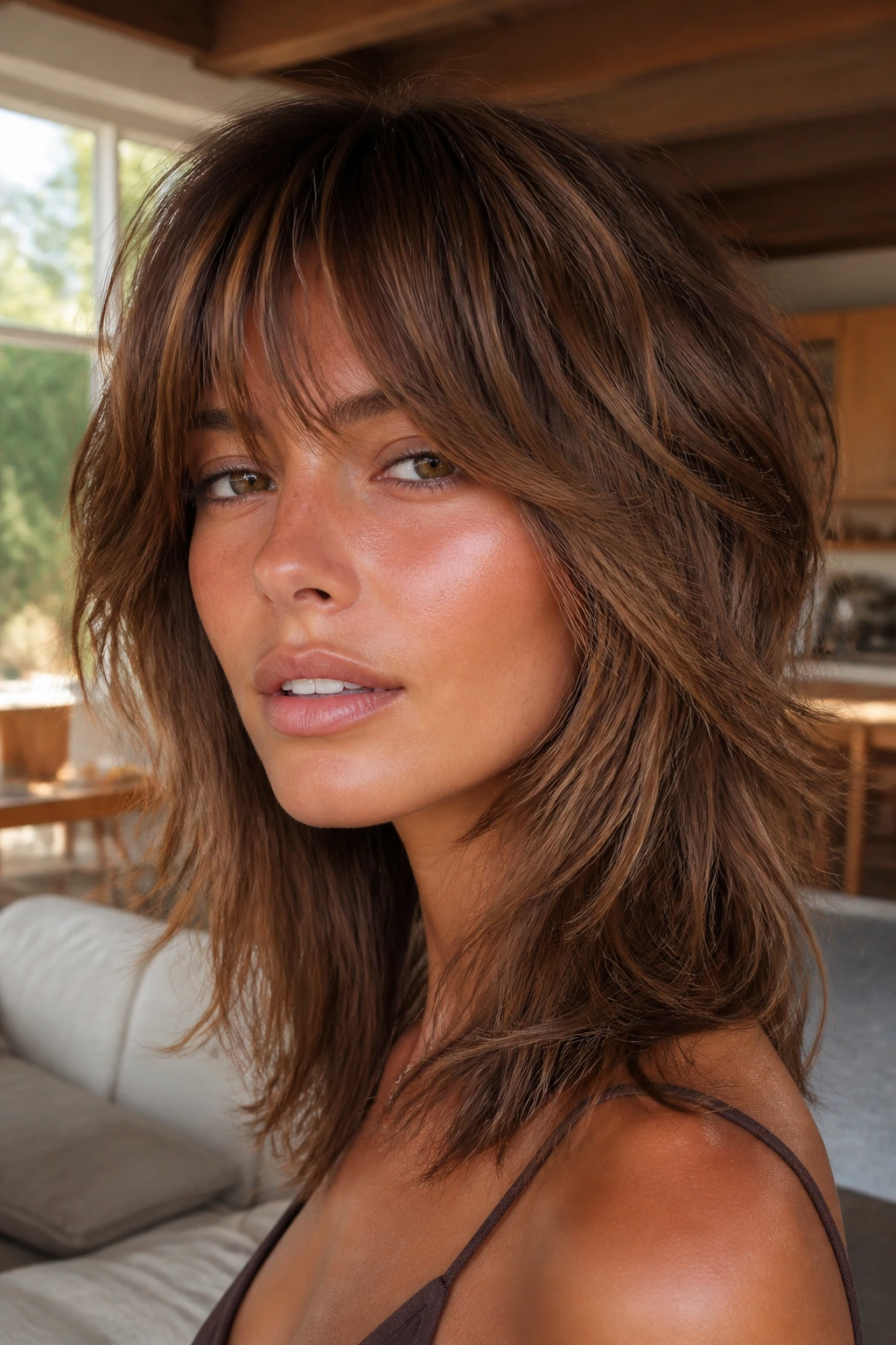 Close-up of a real woman with cinnamon shag and feathered fringe, warm brunette with textured layers