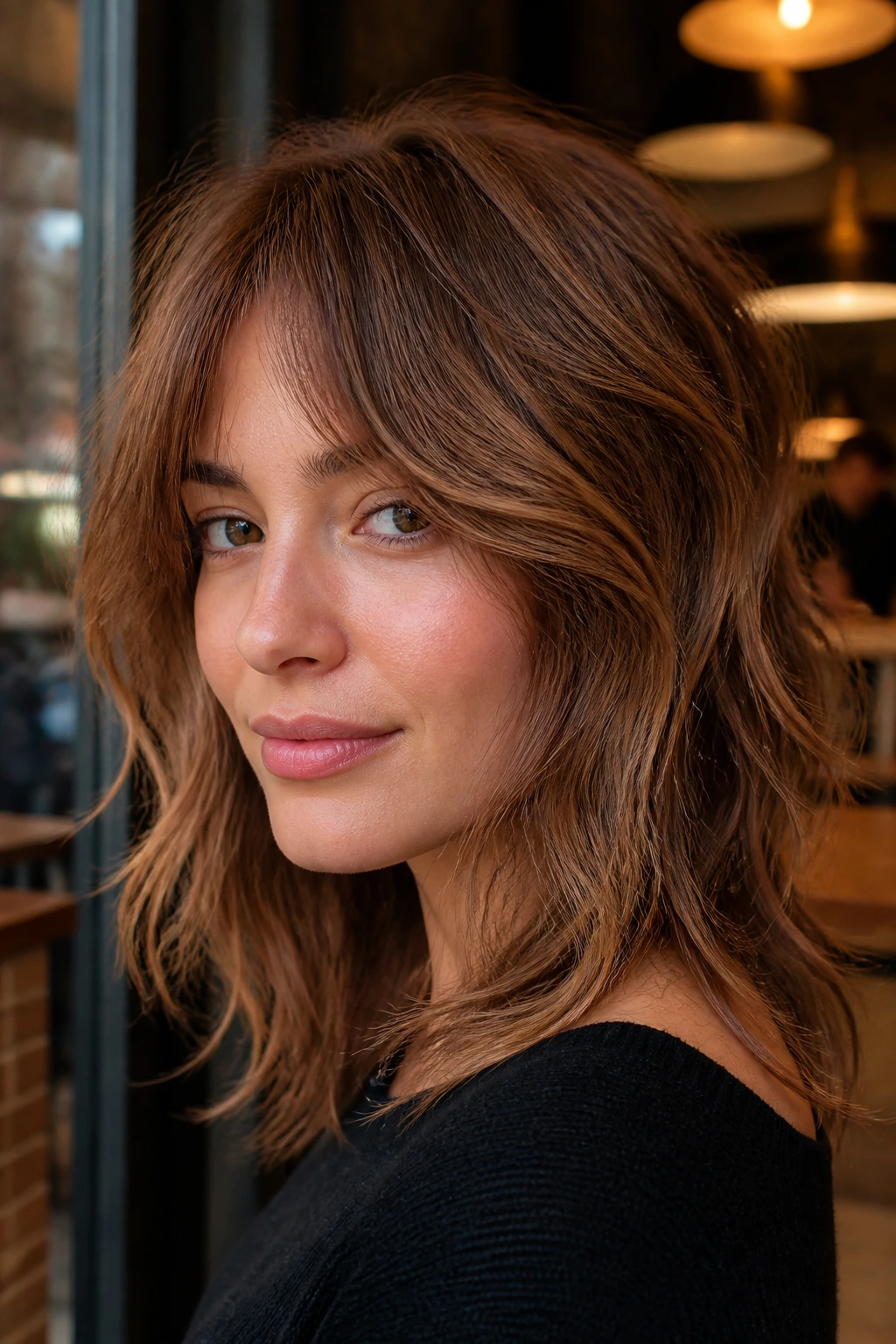 Close-up portrait of a woman with cinnamon shag-inspired layers.