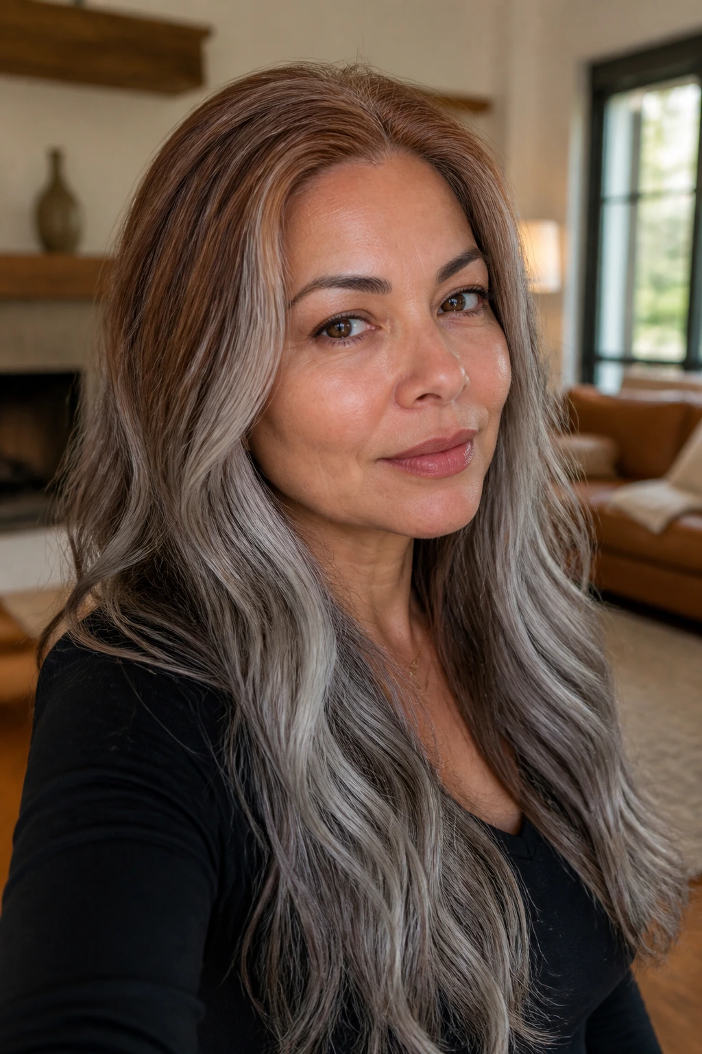 Close-up portrait of a real person with cinnamon-to-smoke hair transition.