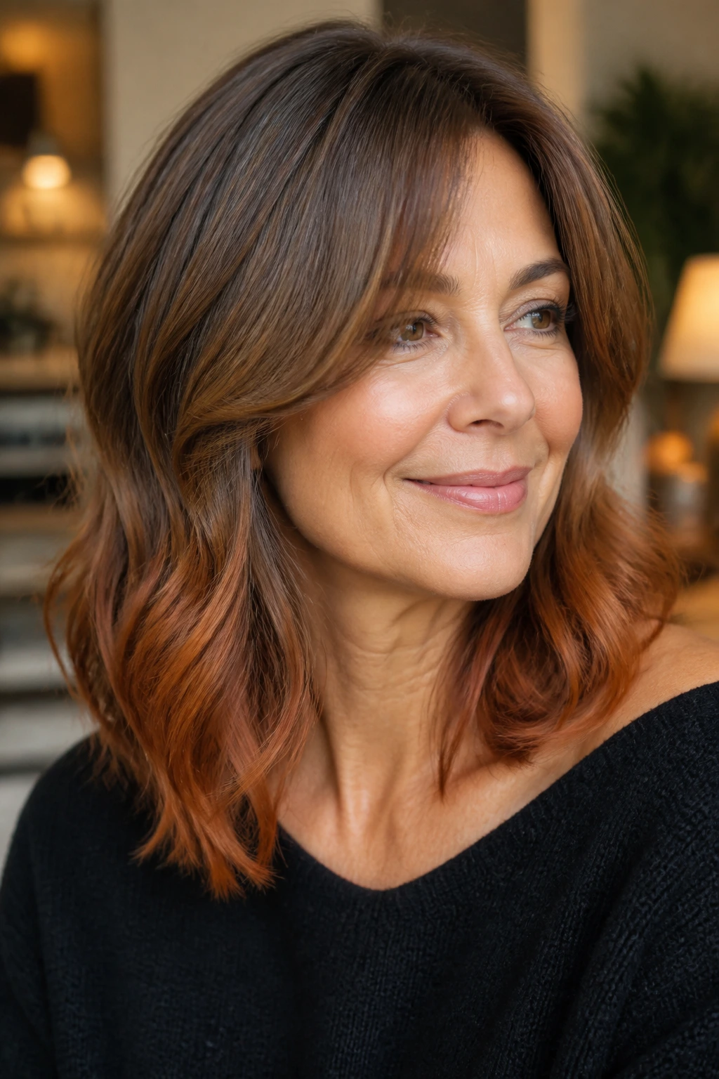 Close-up portrait of a real woman with cinnamon-toned ends on hair.
