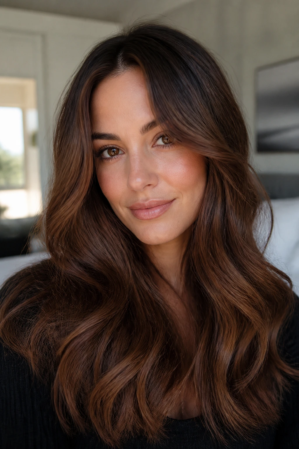 Close-up of a woman with long cinnamon smoke brunette hair with soft waves