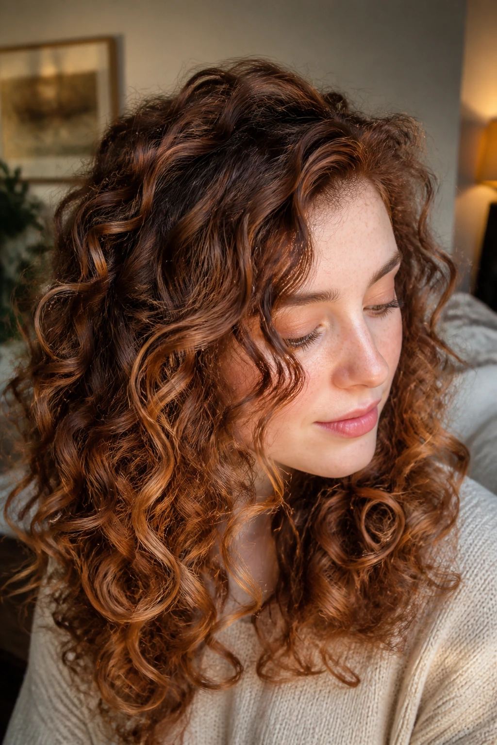 Close-up portrait of a real woman showing cinnamon spice balayage on curly hair under warm daylight