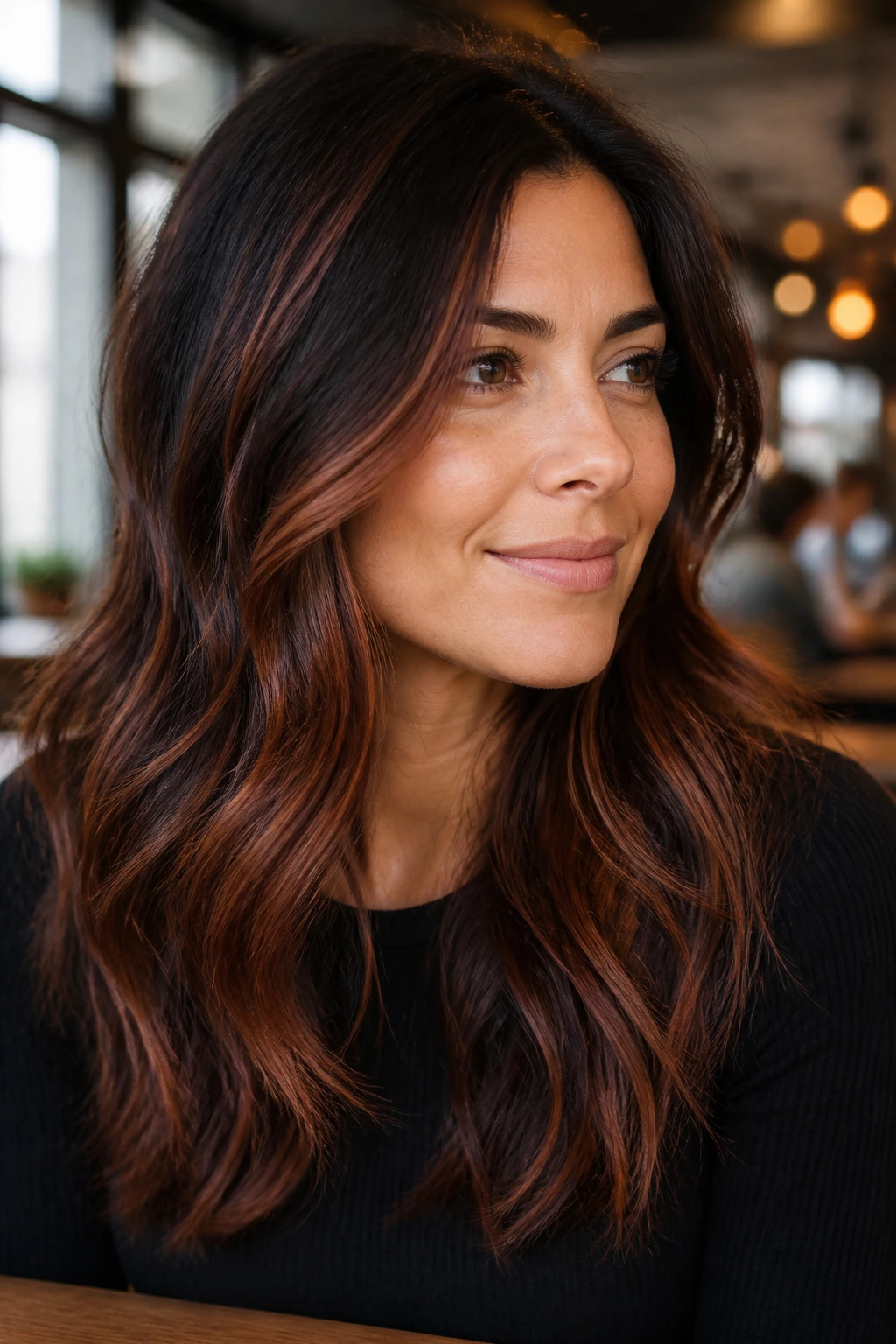 Portrait of a woman with warm cinnamon-spice balayage on dark hair.