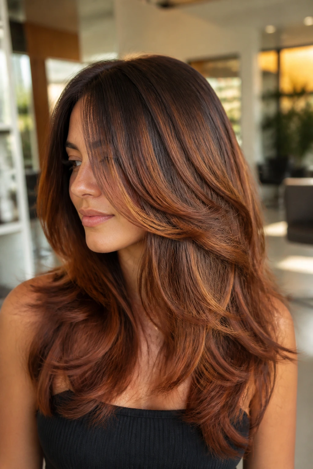 Real person with cinnamon spice layered hair showing warm brown base and copper weave