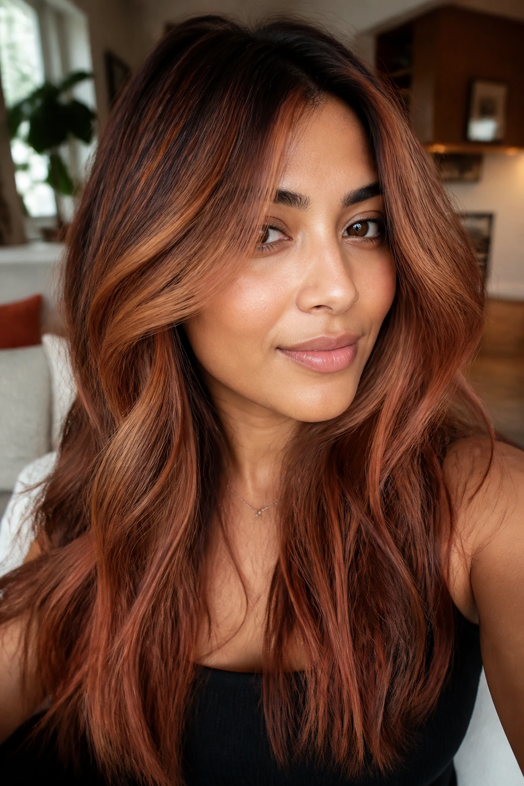 Close-up portrait of a woman with cinnamon strawberry balayage framing the face.
