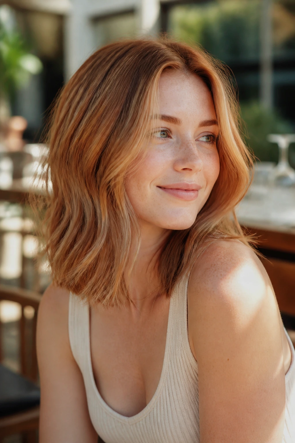 Portrait of a woman with cinnamon strawberry lob in outdoor cafe sunlight