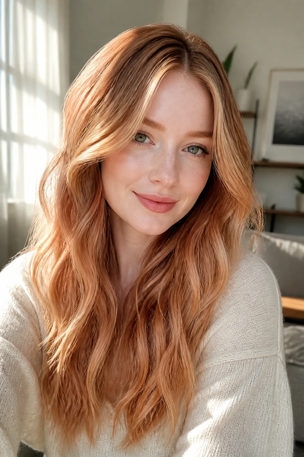 Close-up of a real woman with cinnamon-to-strawberry shadow root