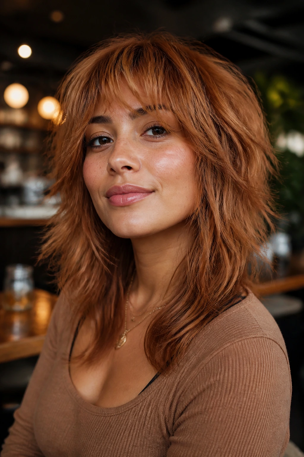 Close-up of a real woman with cinnamon strawberry shag in warm interior light.