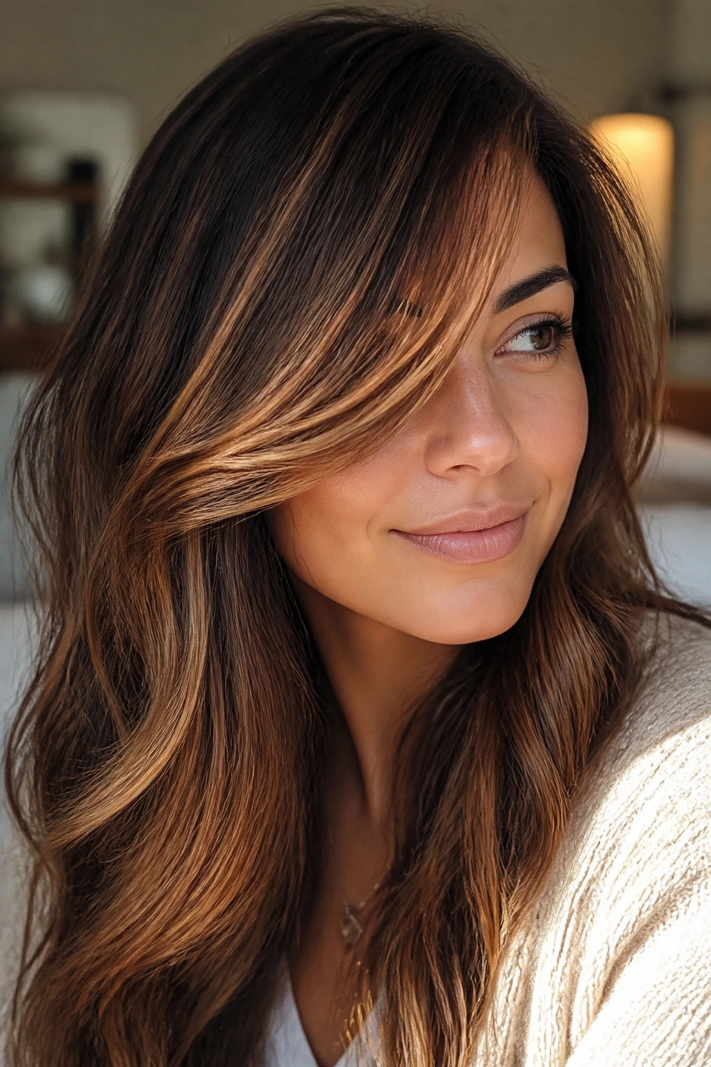 Close-up of brunette with cinnamon sugar highlights along side-swept bangs in warm window light