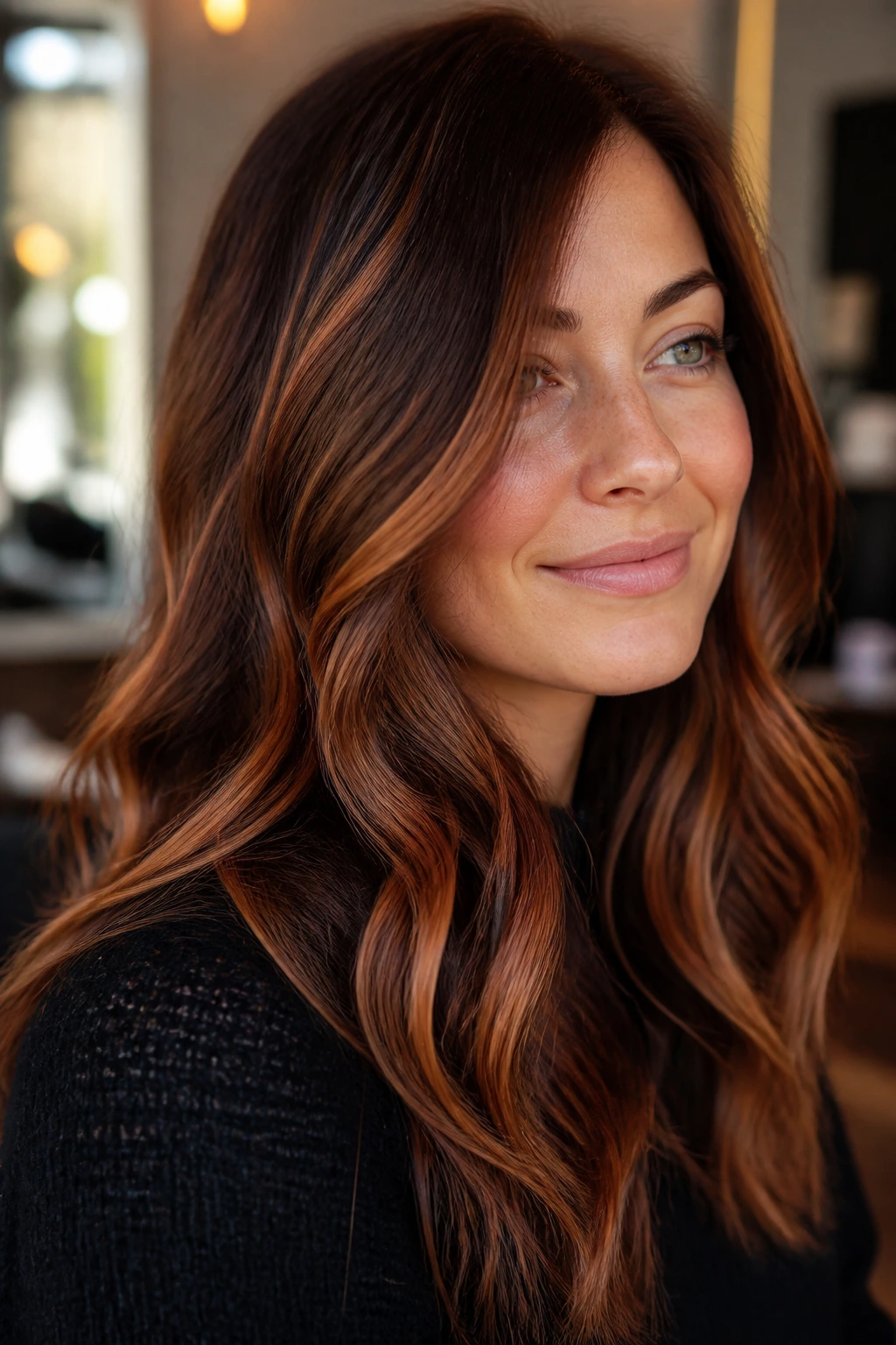Close-up portrait of a real woman with cinnamon swirl balayage ribbons in brunette hair under warm window light