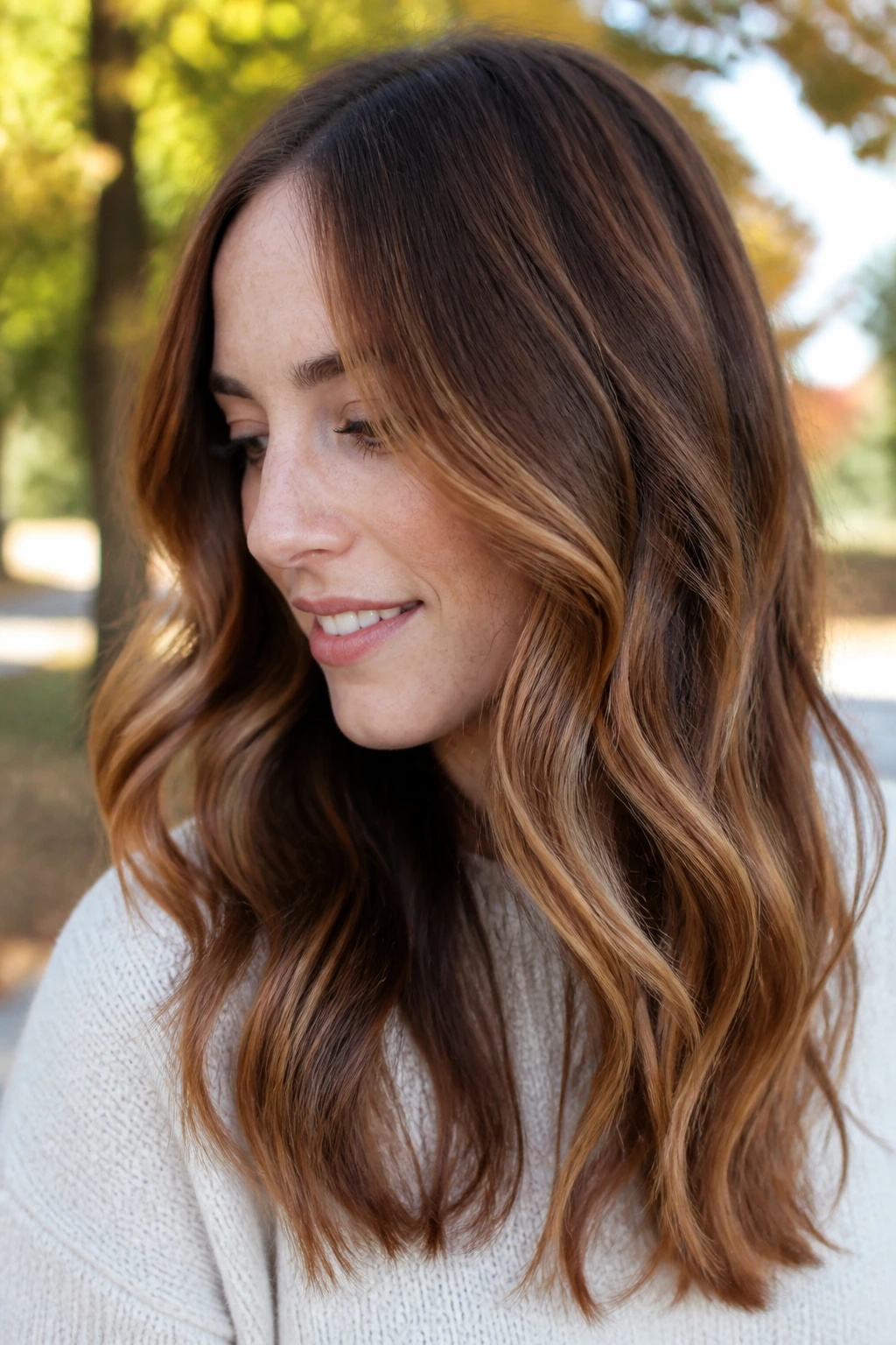 Portrait of a real woman with cinnamon swirl balayage in natural autumn light