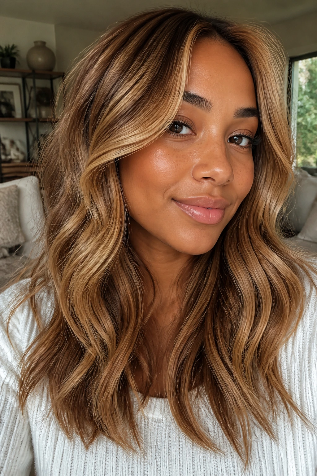 Cinnamon swirl blonde on real person with cinnamon lowlights and warm highlights