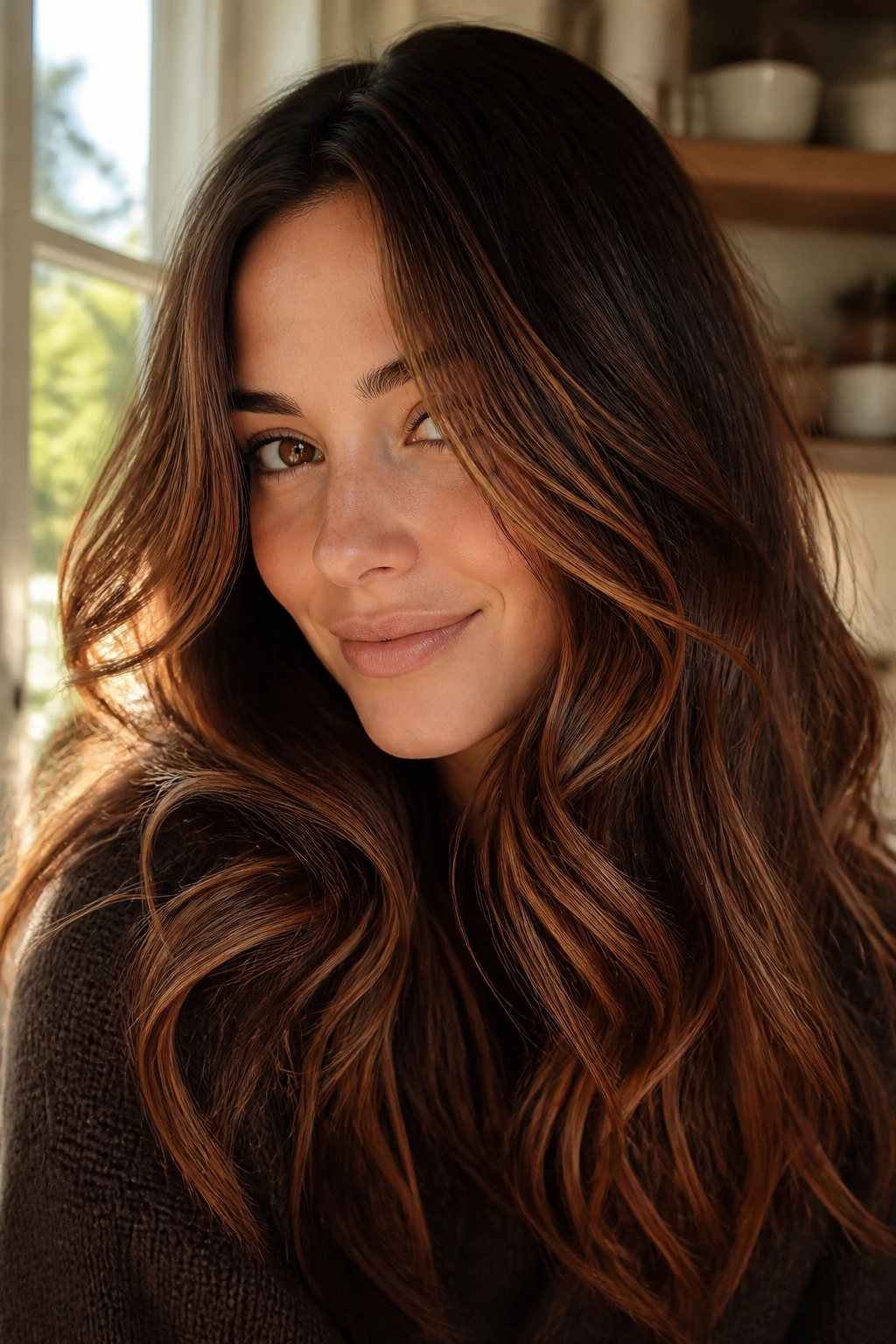 Brunette with cinnamon swirl tones in golden hour light