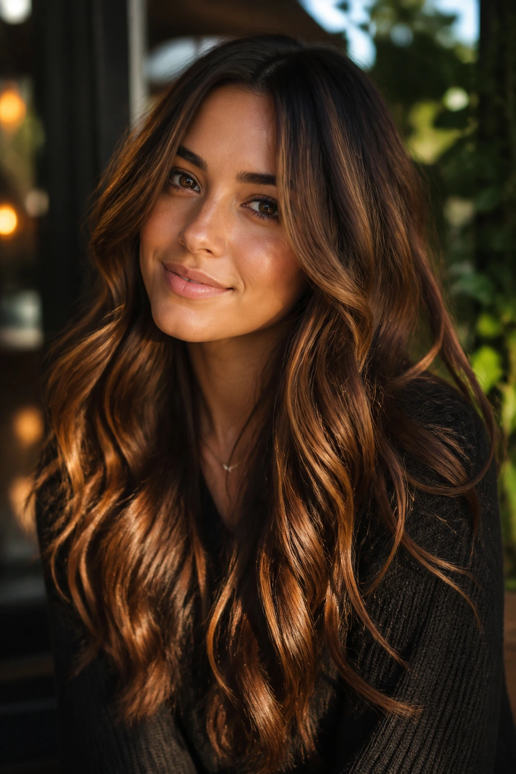 Portrait of a real woman with cinnamon swirl brunette waves