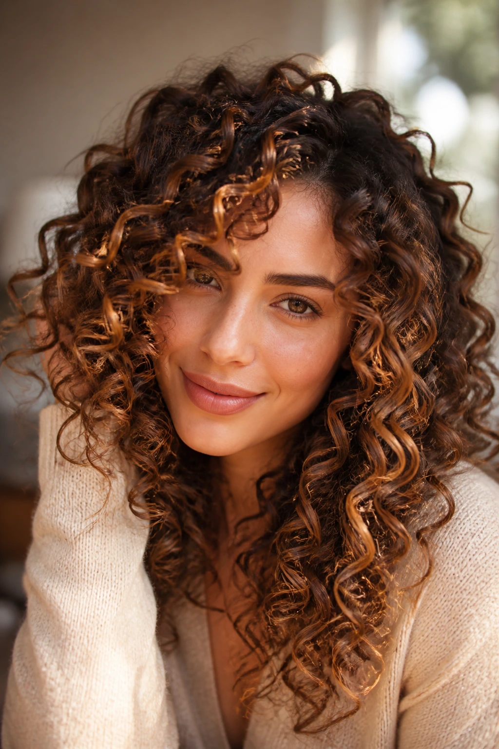 Portrait of a real woman with cinnamon swirl curls and warm highlights.
