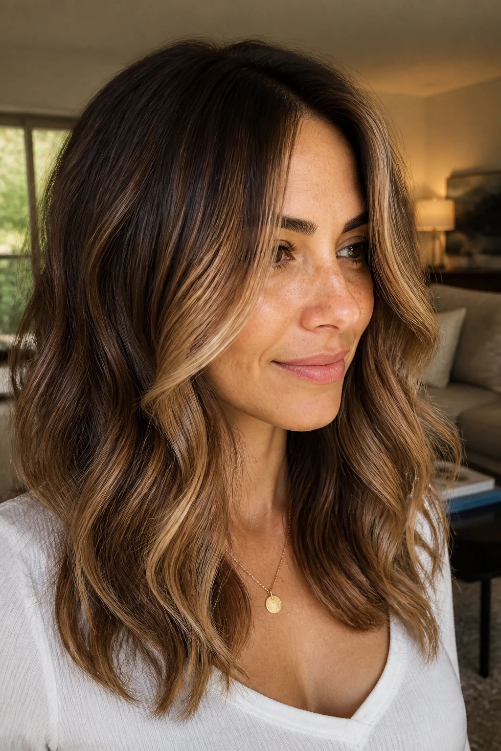 Close-up of a brunette with cinnamon swirl highlights and chunky face frame