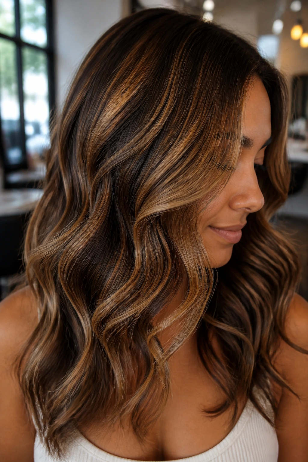 Close-up of a real woman with cinnamon swirl highlights on medium brown hair in a salon