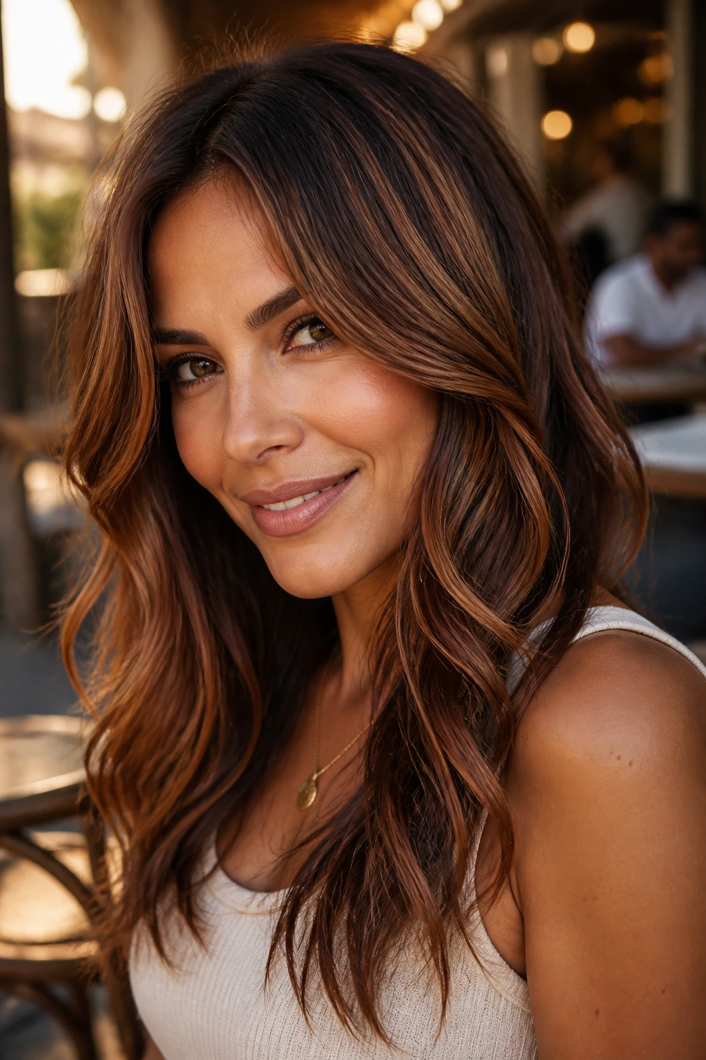 Close-up of a woman with cinnamon swirl highlights enhancing tan skin in warm golden hour light