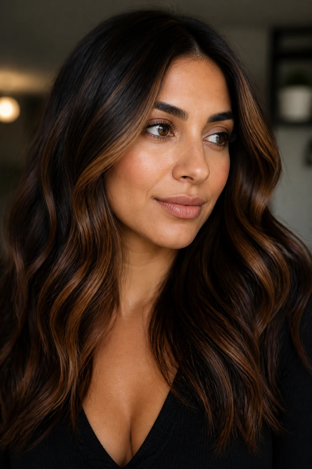 Close-up of olive-skinned woman with cinnamon swirl highlights on deep brunette.