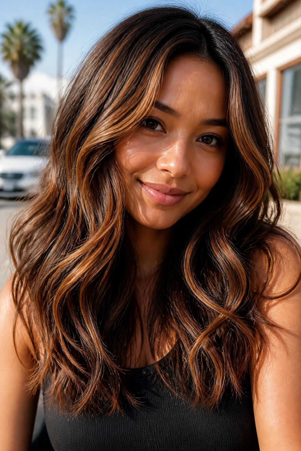 Real person with cinnamon swirl waves adding warmth and movement to hair.