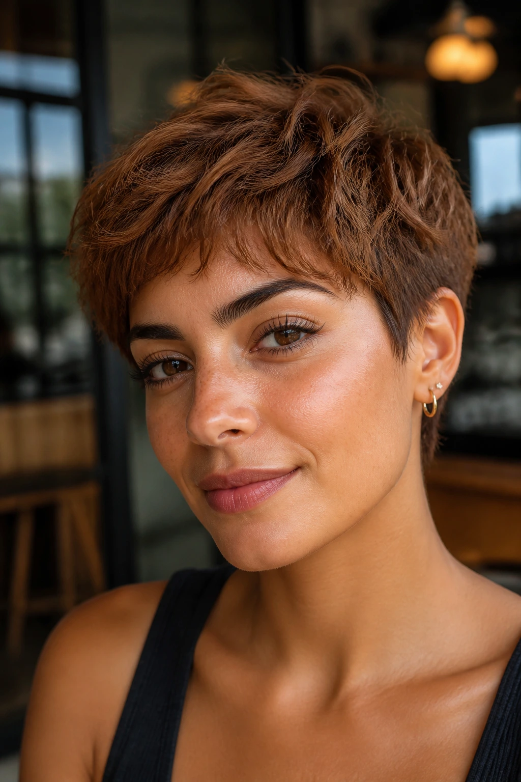 Close-up of a real woman with cinnamon textured crop on olive skin in urban morning light