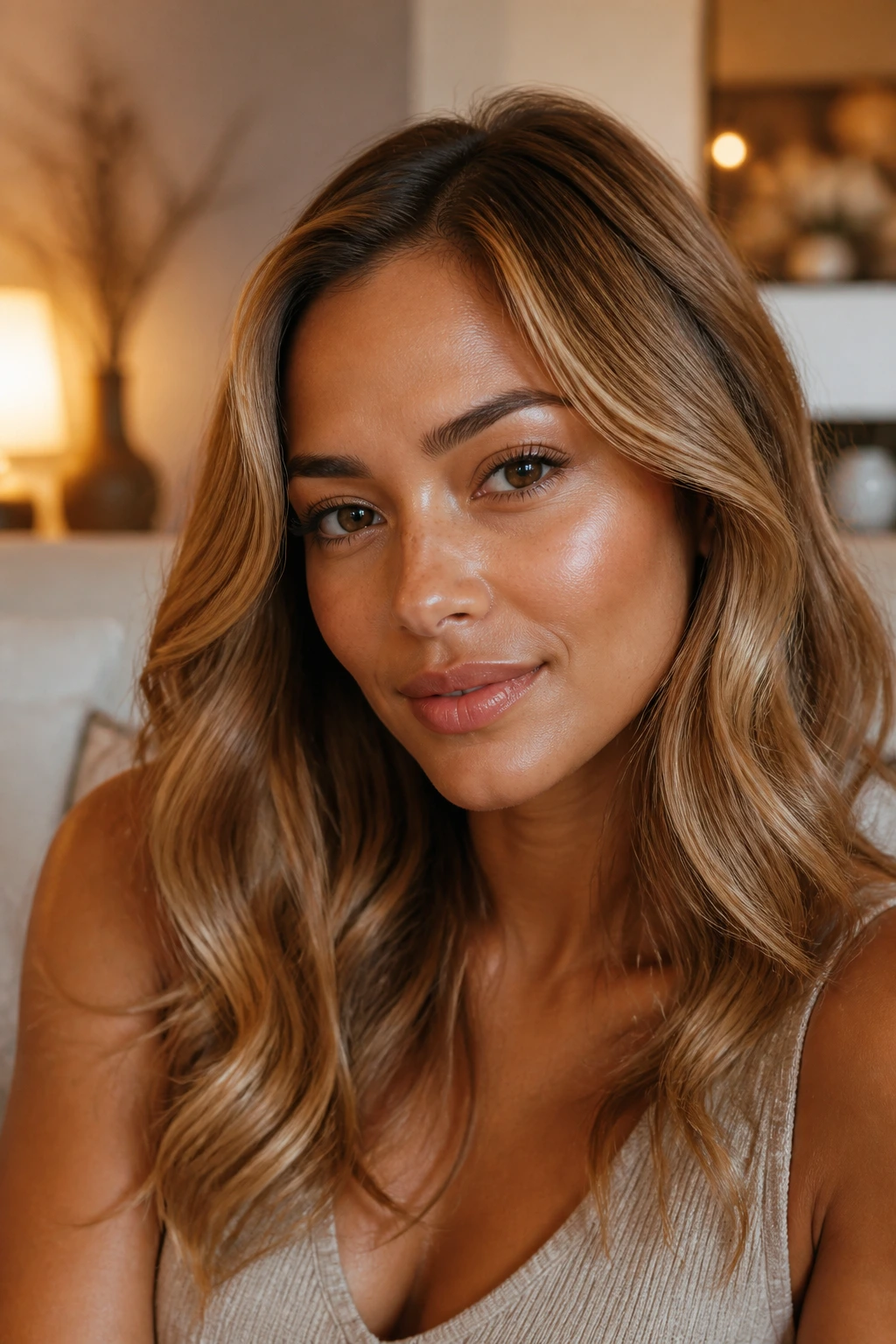Real woman with cinnamon toast blonde and warm glow at hairline