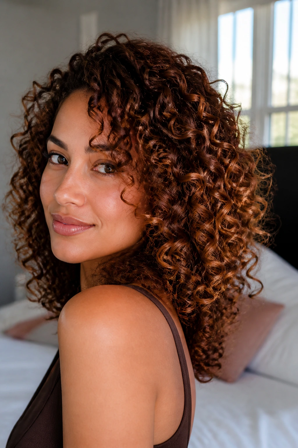 Close-up of a real woman with cinnamon-toffee curls in warm window light.