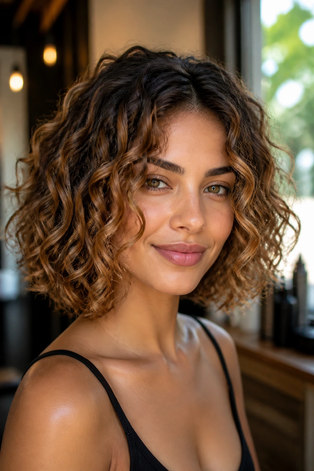Close-up of a real woman with cinnamon-toffee curly bob framing her olive skin in warm salon light