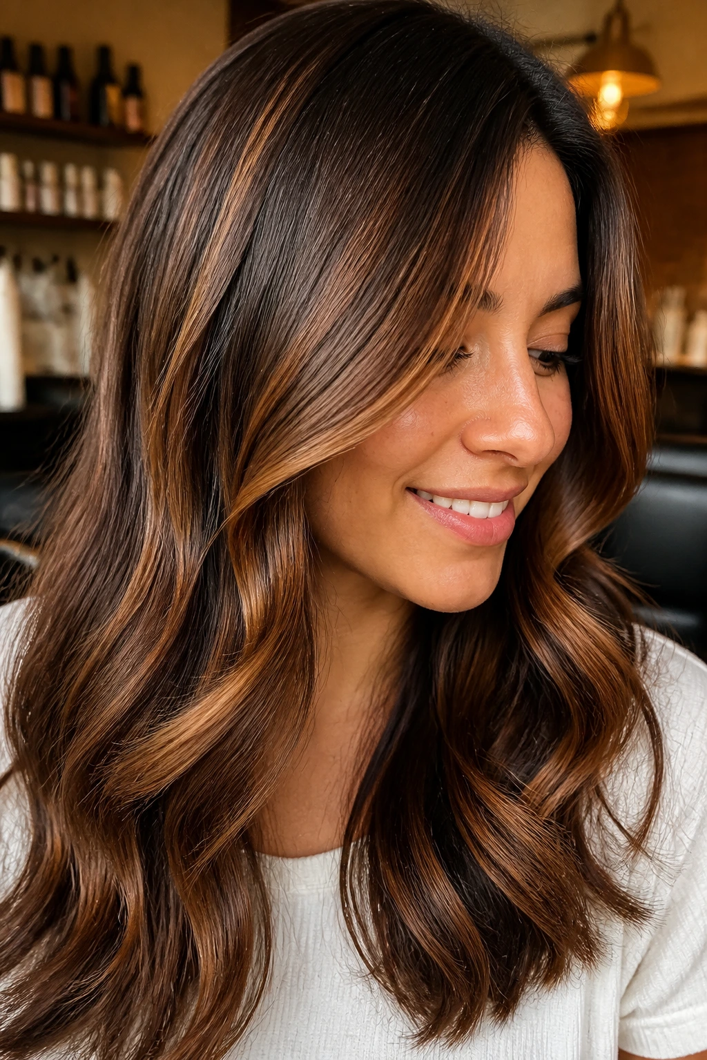 Close-up of cinnamon toffee dimension on brunette hair with caramel highlights.