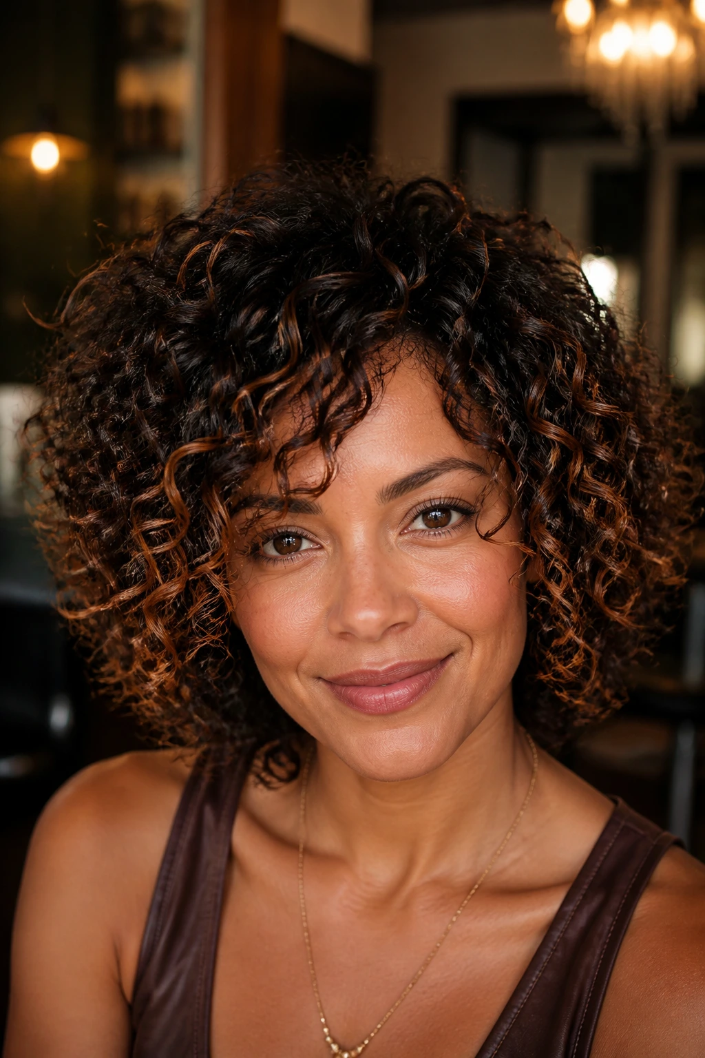 Close-up of cinnamon veil highlights on short curly hair