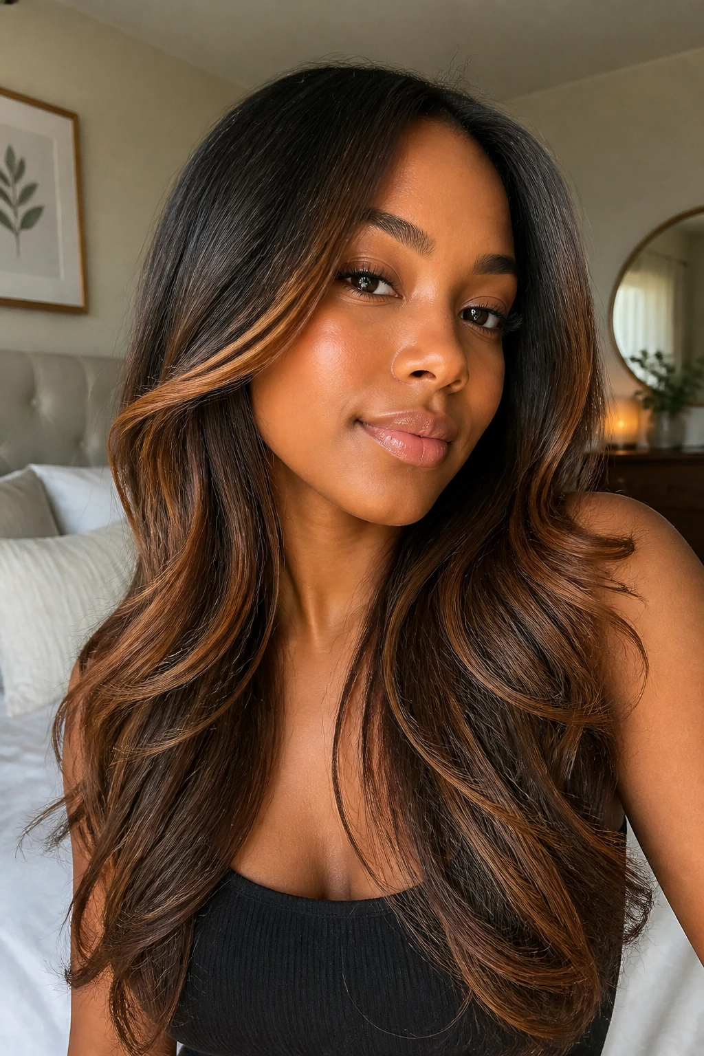 Close-up portrait of a real woman with cinnamon veil on long layered hair catching warm window light