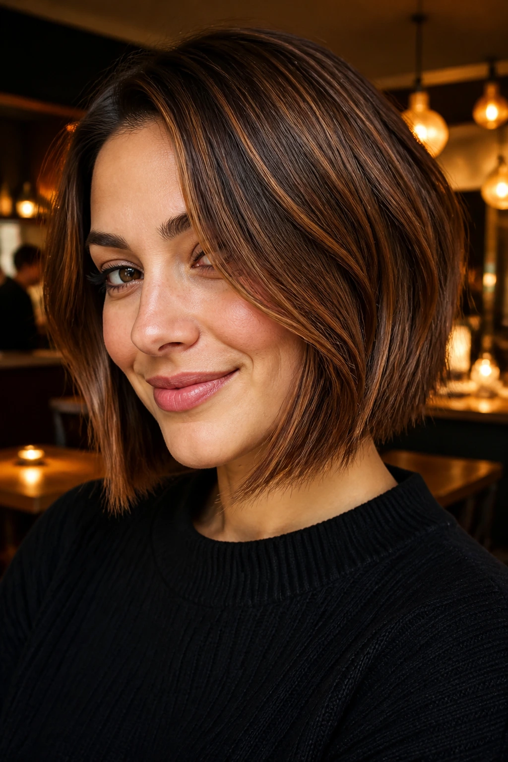 Portrait of a real person with cinnamon whiskey bob hairstyle