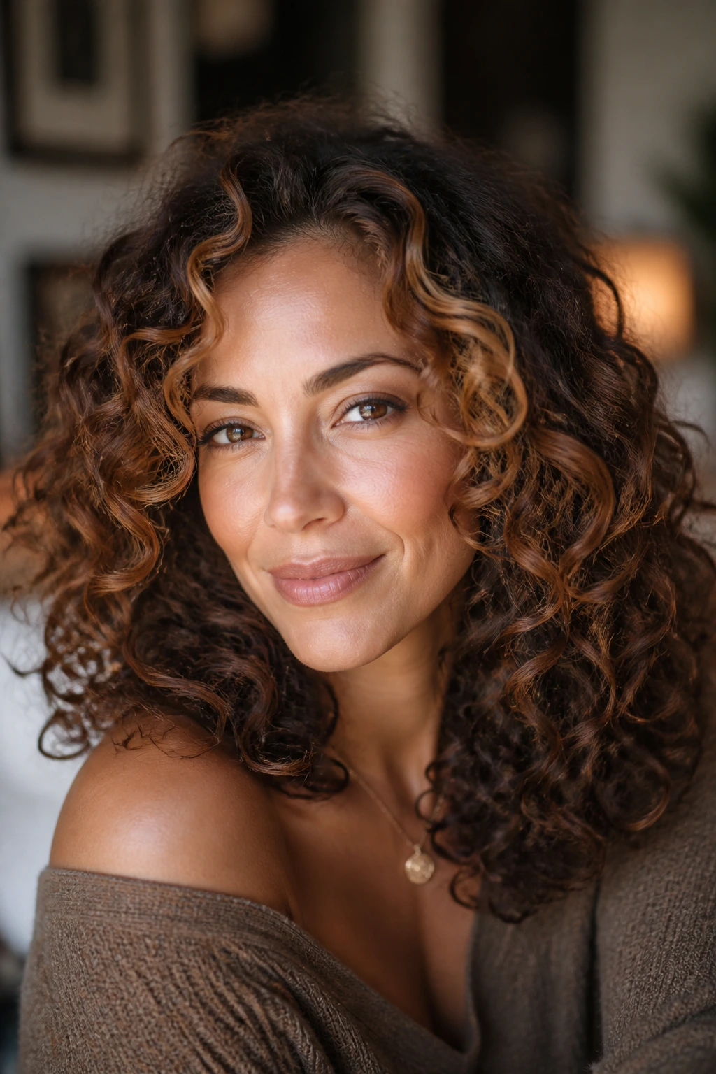 Close-up portrait of a woman with curly hair showing a cinnamon halo around the face