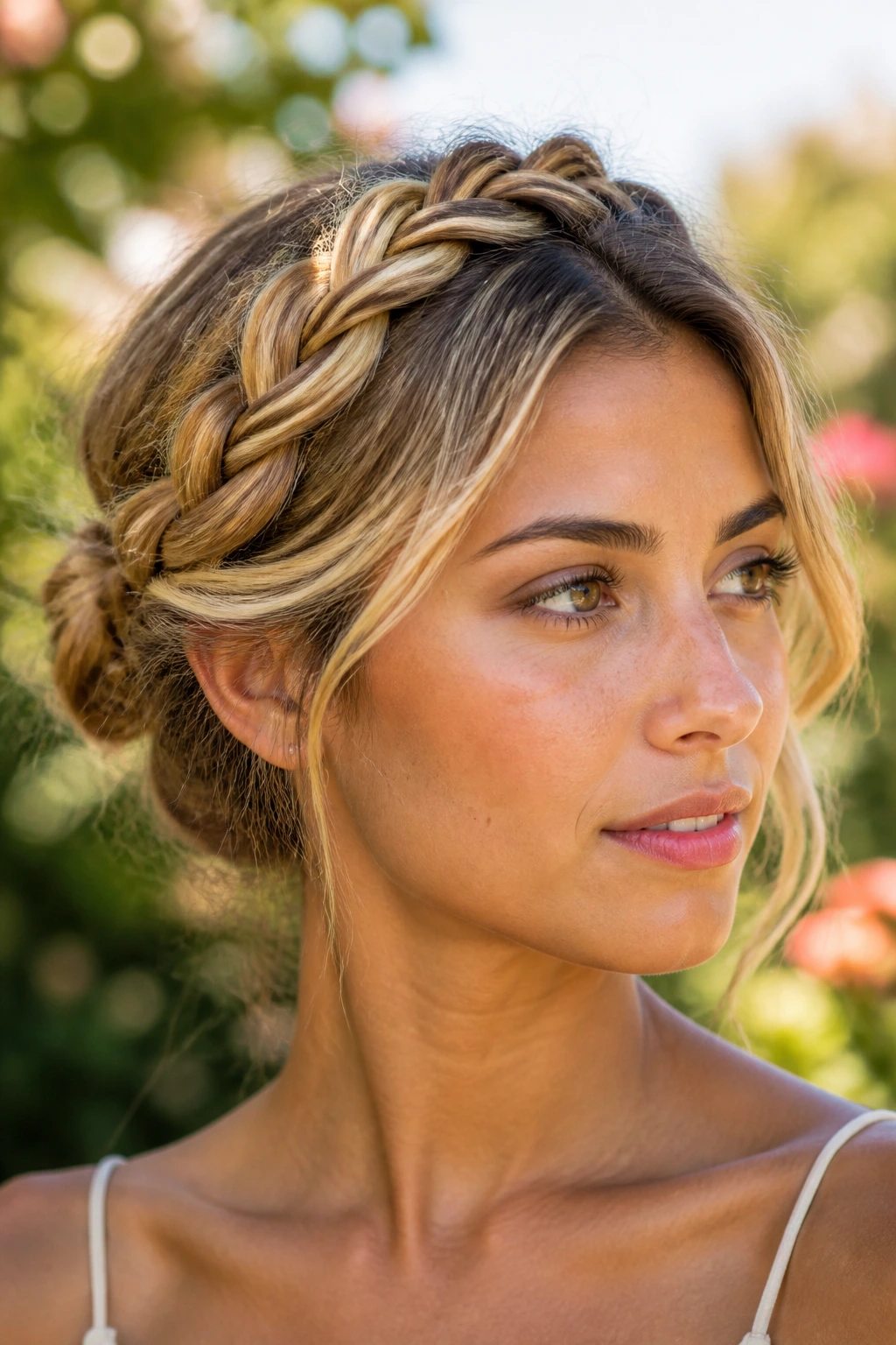 Close-up of a real woman with a citrus-honey braided crown hairstyle.