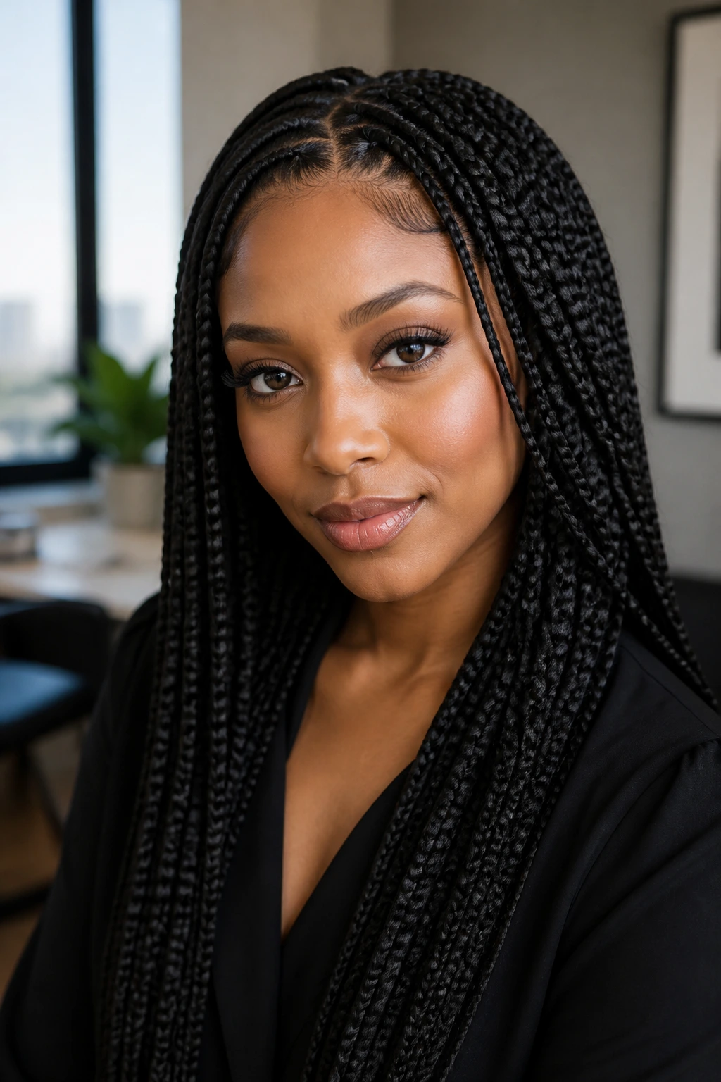 Close-up of a woman with classic black braids featuring invisible front layering.