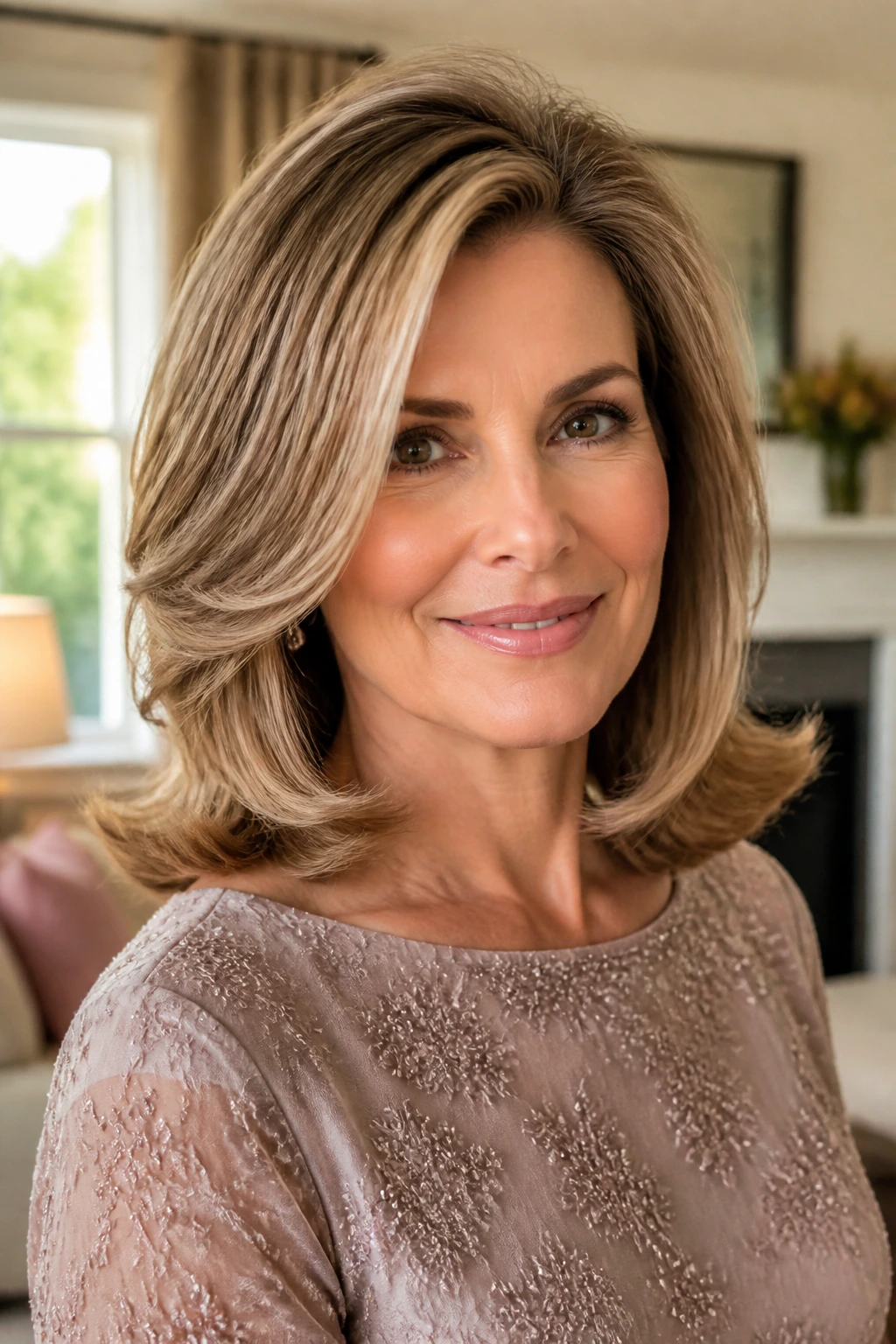 Close-up portrait of a real woman with a classic blowout and big rounded ends in warm natural light