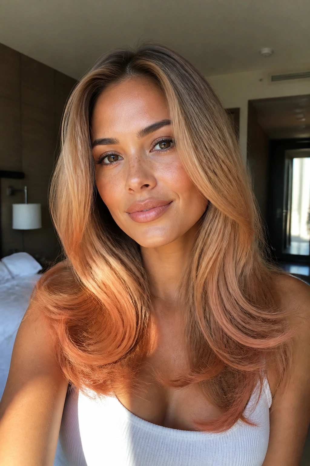 Close-up of a real woman with classic blowout and honey-strawberry shine on tan skin