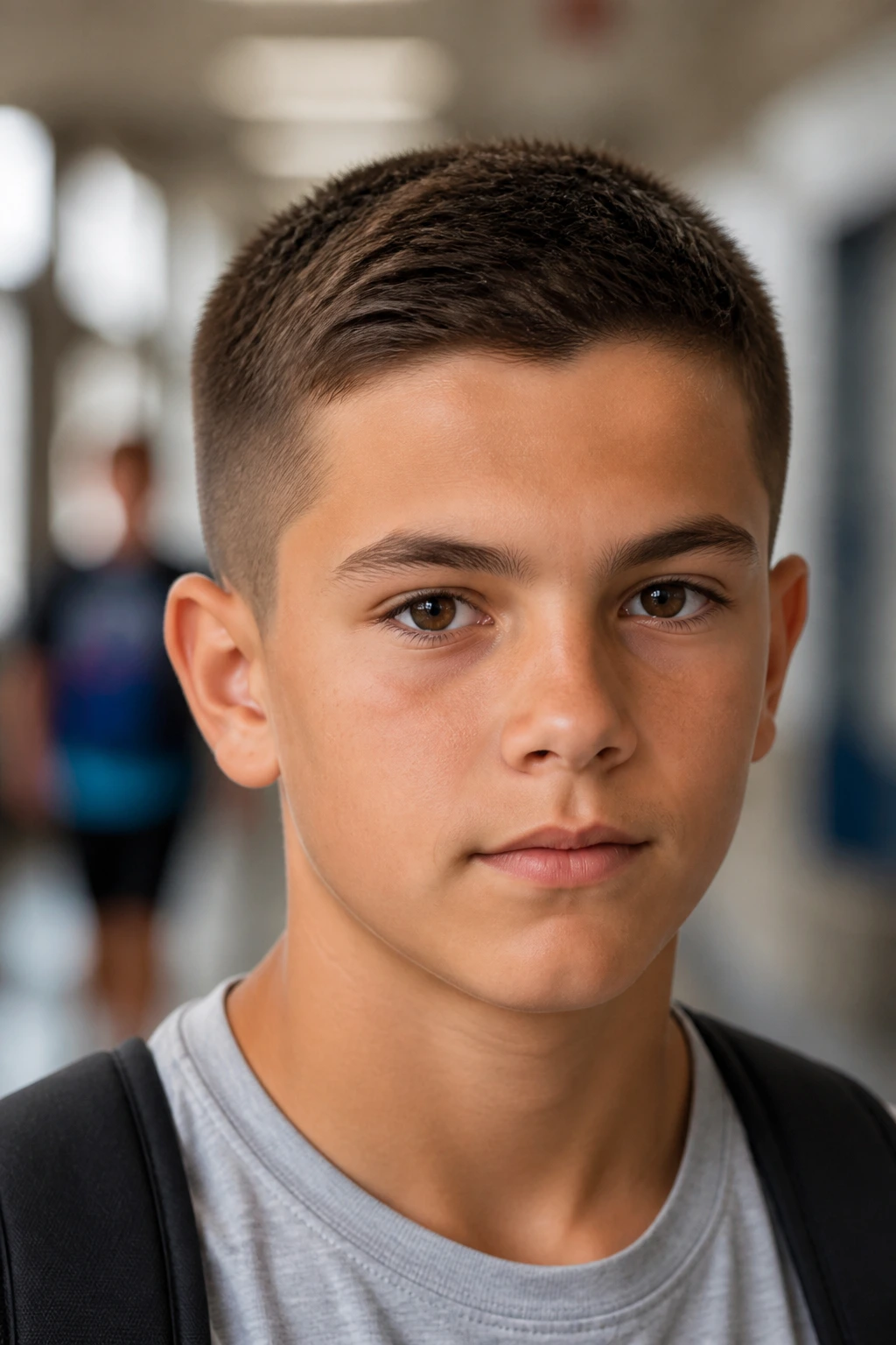 Portrait of a boy with a classic crew cut, top slightly longer, in a school hallway.