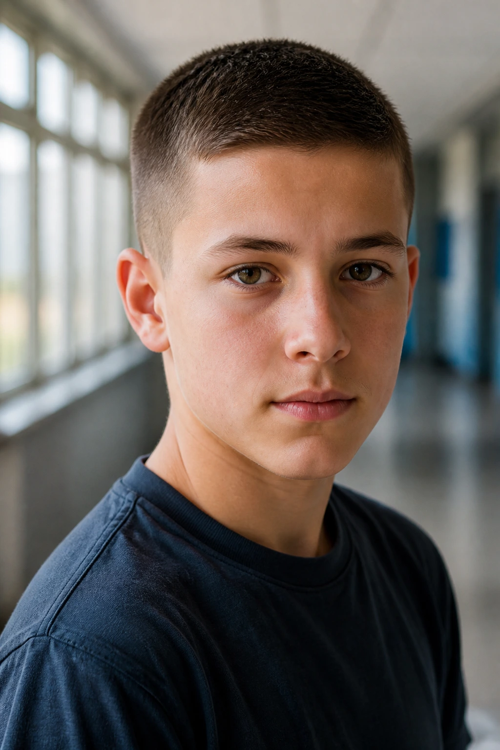 Close-up portrait of a boy with a classic crew cut in a school hallway