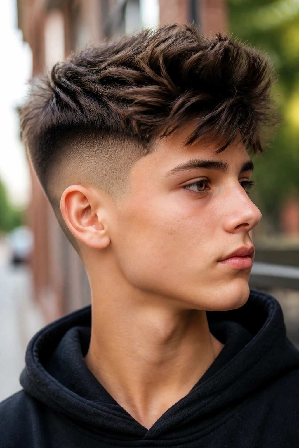Close-up of a boy with a classic disconnected undercut showing contrast