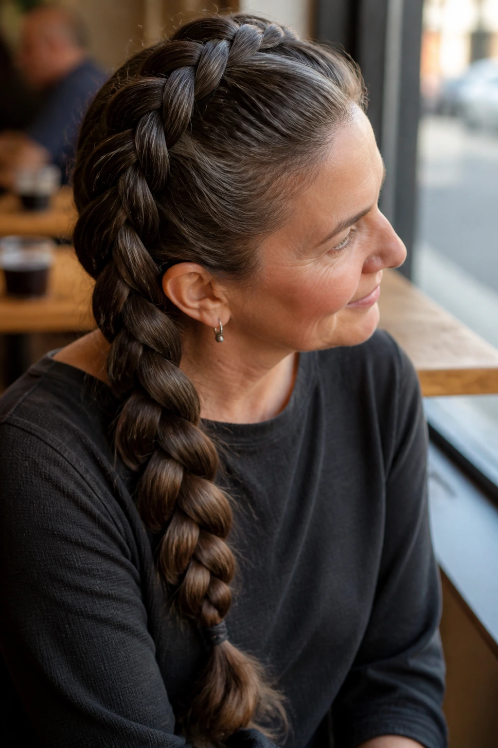 Close-up of a real woman with a classic French braid along the scalp in natural light.