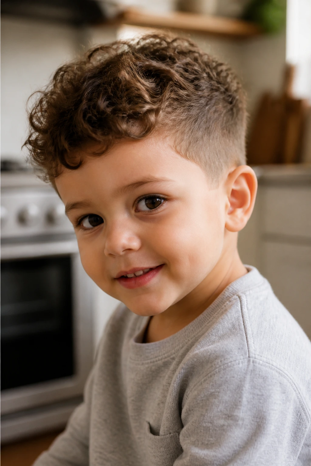 Close-up of toddler with balanced pixie showing textured top and short sides