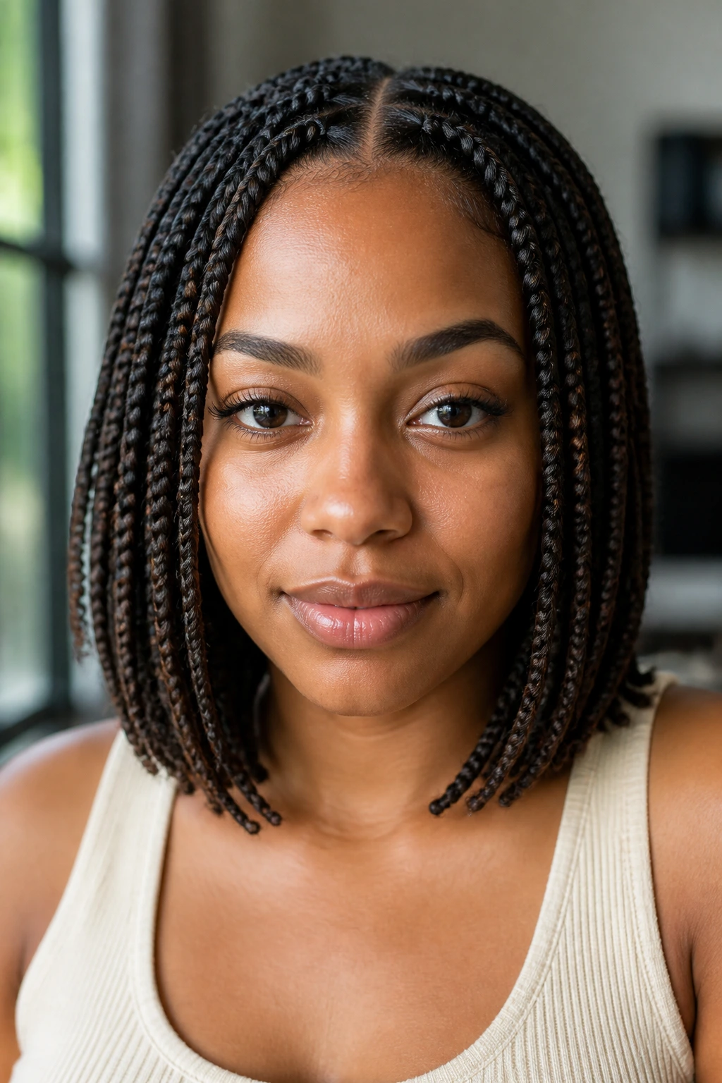 Close-up of a woman with classic medium box braids.