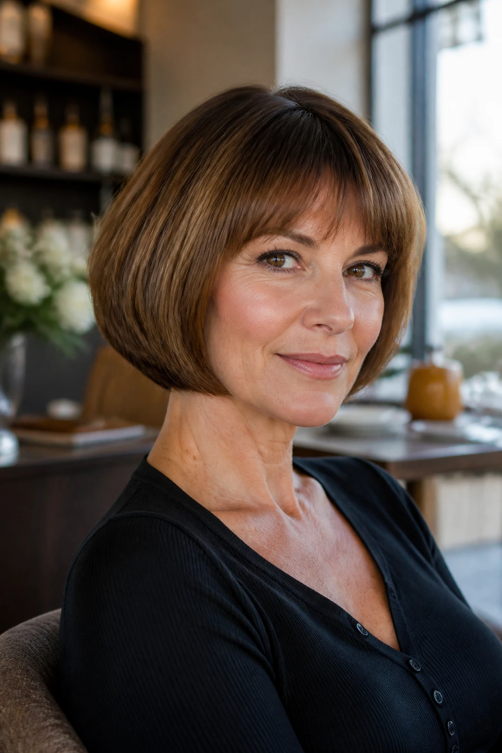 Close-up portrait of a real woman with a classic pageboy bob