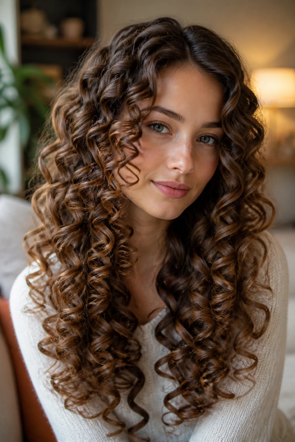 Portrait of a woman with classic ringlets along long hair.