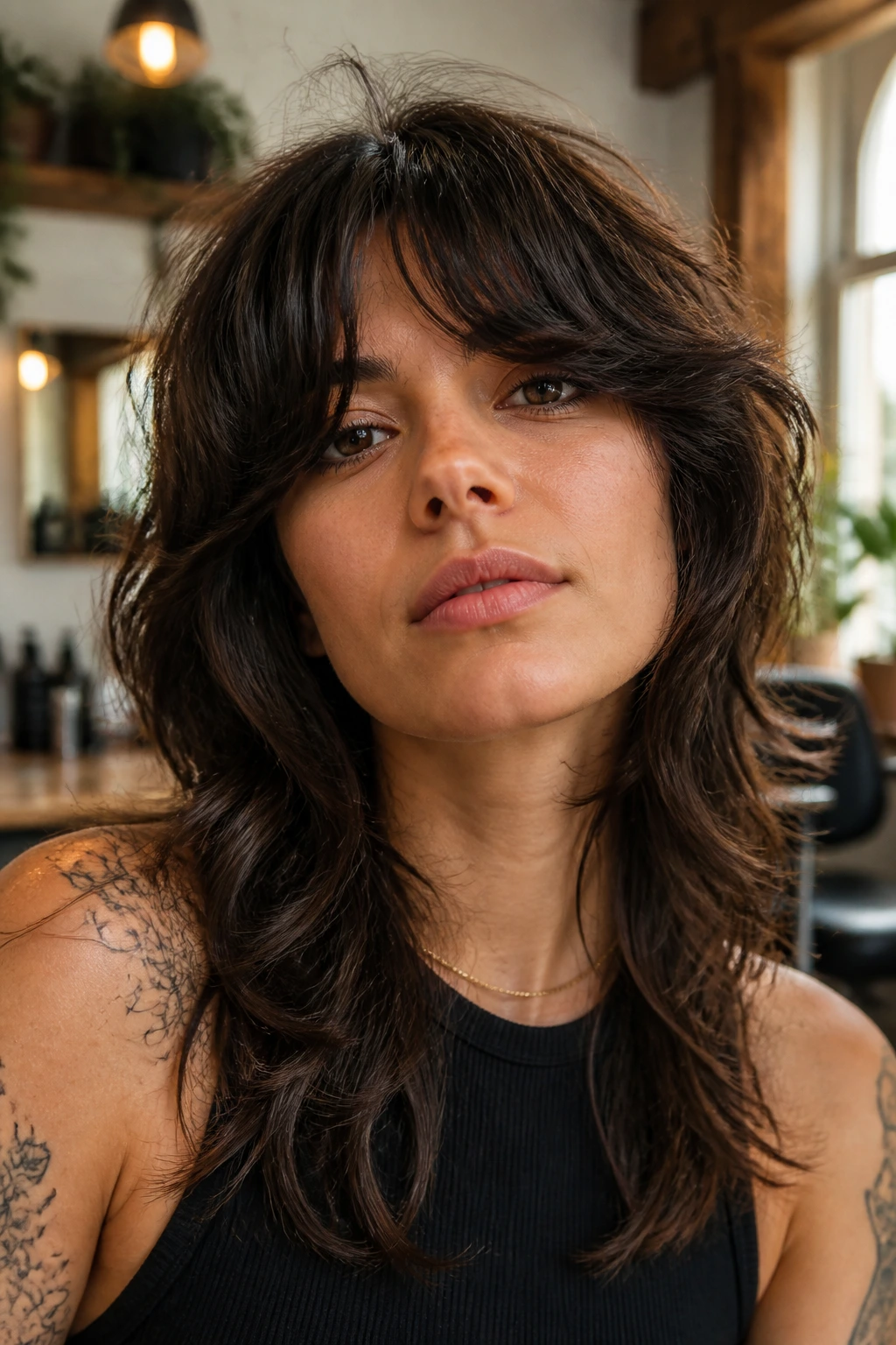 Close-up of a real person with Classic Shag With Heavy Curtain Bangs in warm salon light
